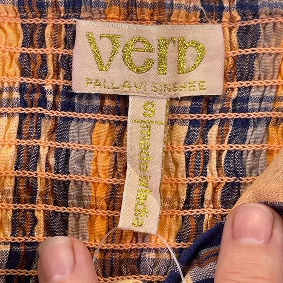 Verb By Anthropologie Orange Brown Blue Plaid Ruffled Tank Top Size Small NWT - Picture 4 of 11